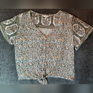 Lucky Brand Blouse Womans Large Green Floral Button Down Southwestern Classic